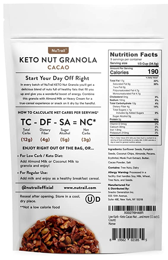 NuTrail, Keto, Gluten Free, Sugar Free, Nut Granola, Cacao, 312 g - Mom it KeTo Go