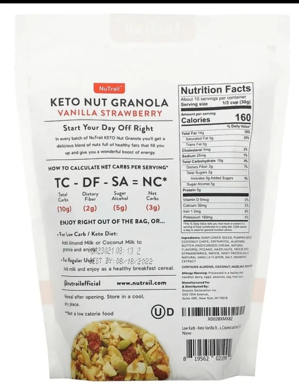 NuTrail, Keto, Gluten Free, Sugar Free, Nut Granola, Vanilla Strawberry, 312 g - Mom it KeTo Go