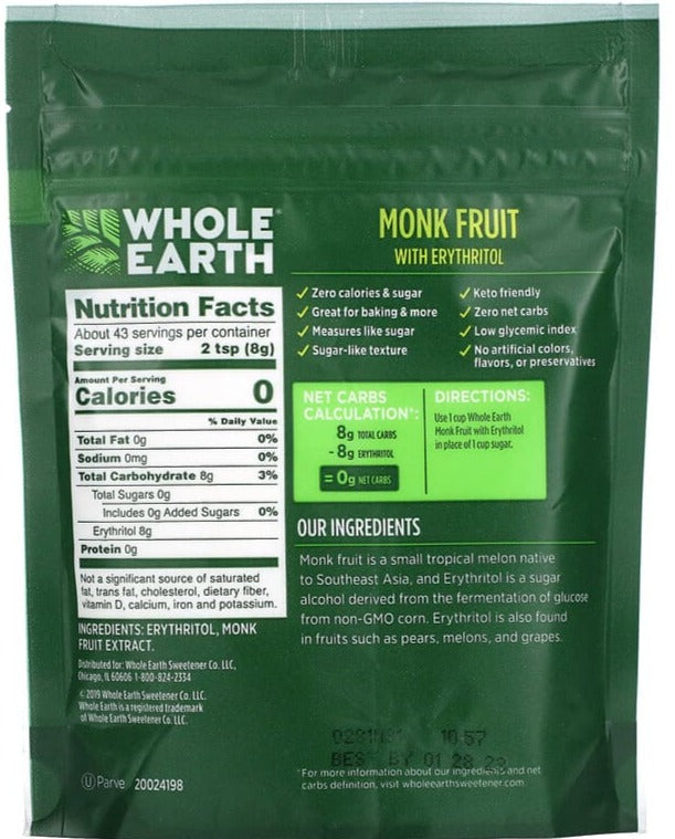 Whole Earth, Keto, Plant-Based Sugar Alternative, Monk Fruit with Erythritol, 340 g - Mom it KeTo Go