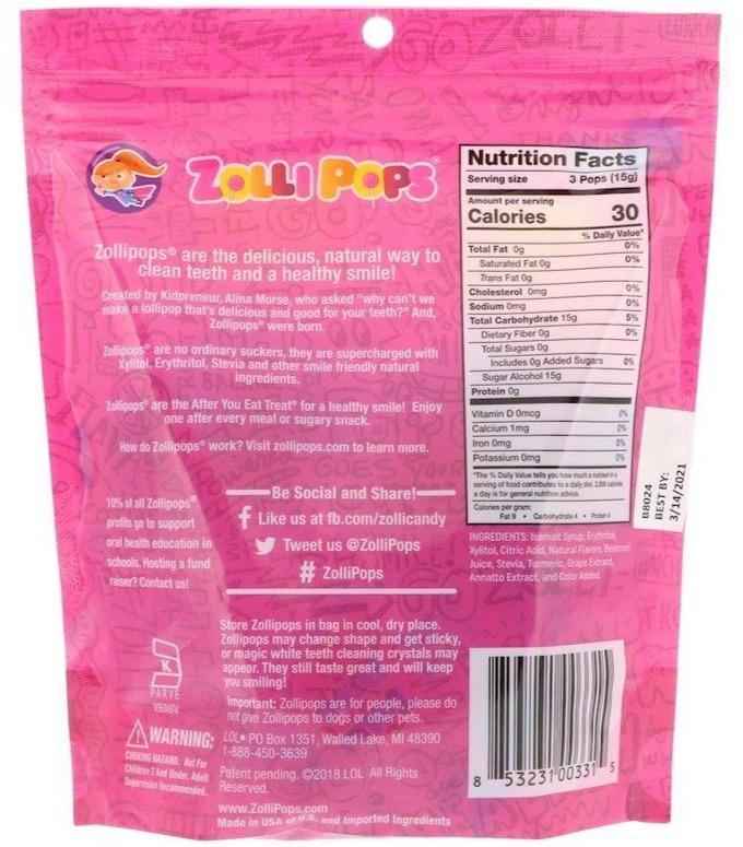 Zollipops, The Clean Teeth Pops, Strawberry, Bag of 15 pops - Mom it KeTo Go